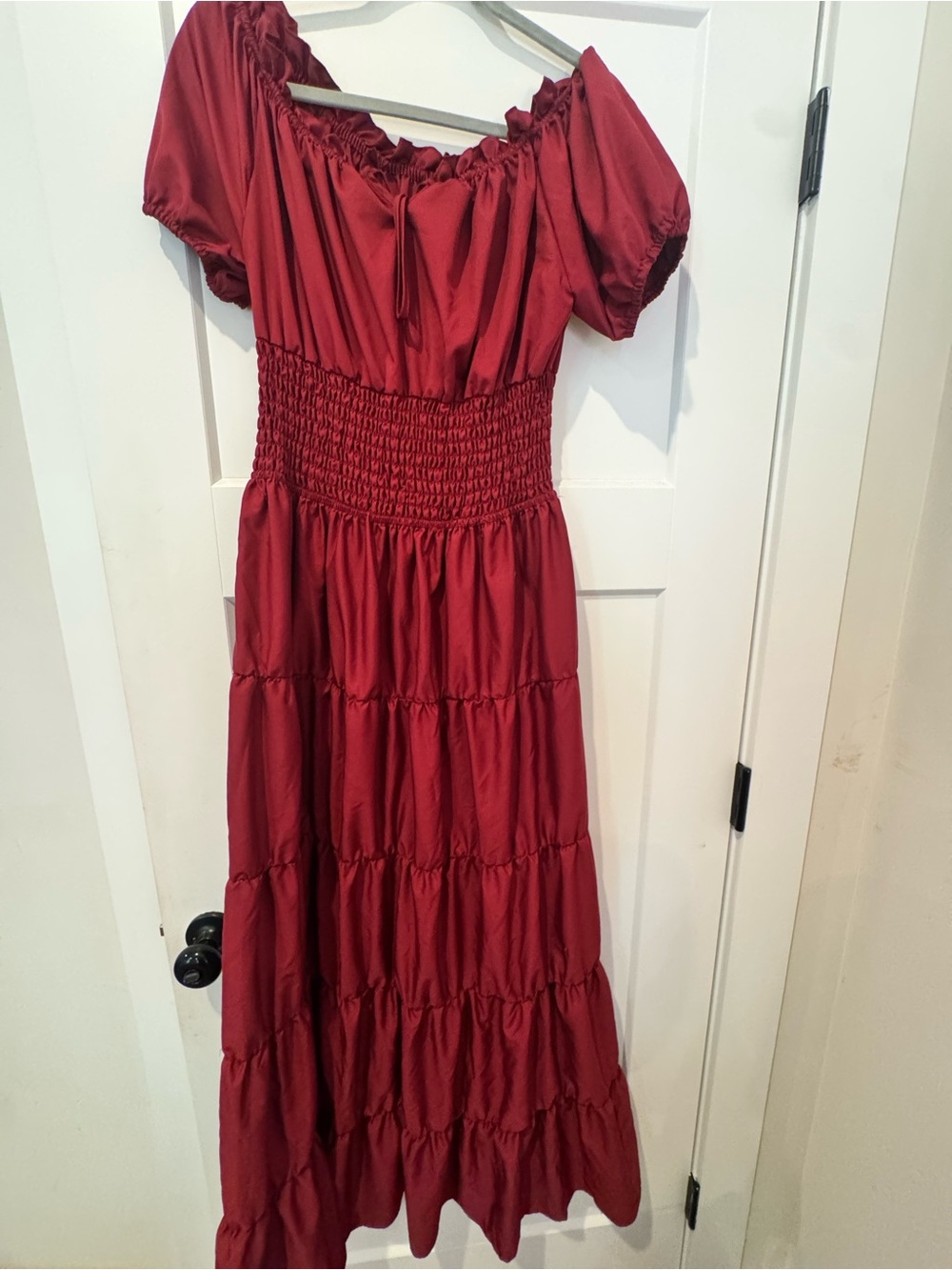 Burgundy Smocked off shoulder Midi Dress